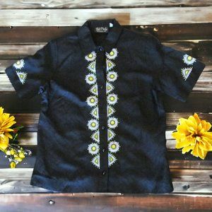 Vintage Bob Mackie Black Cotton Flower Embroidered Wearable Art Shirt Jacket SM